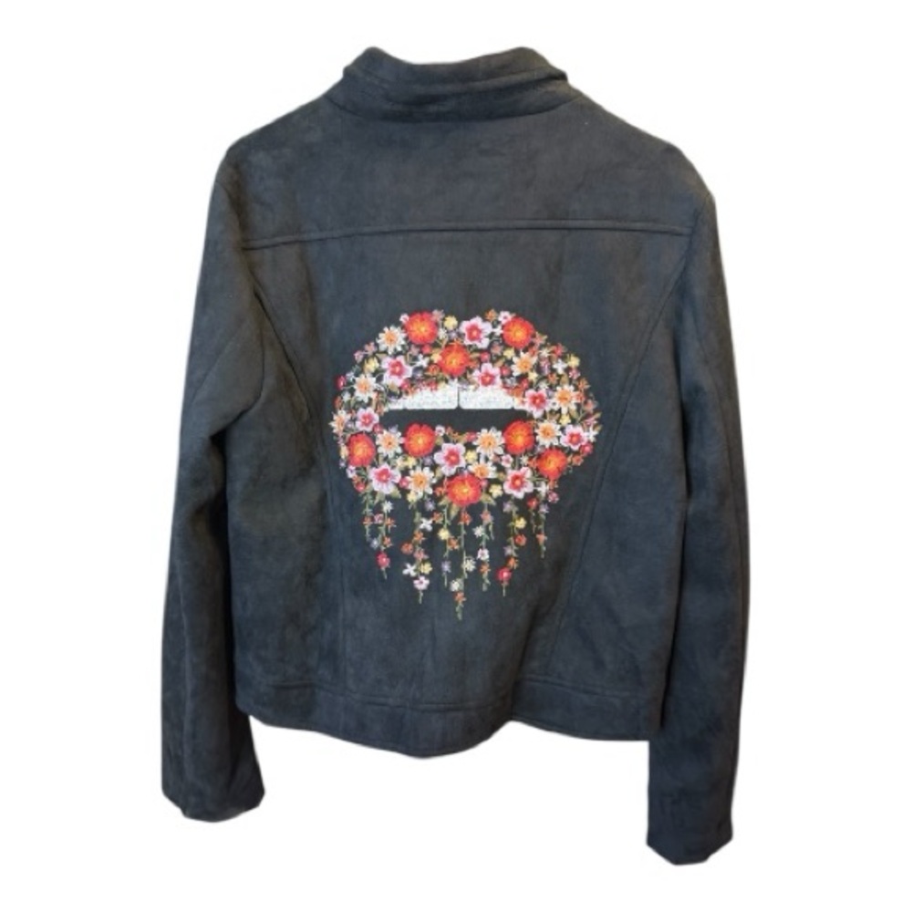 Savanna Jane‎ Faux Suede Moto Jacket Black w/ Embroidered Floral Lips NWOT Large
